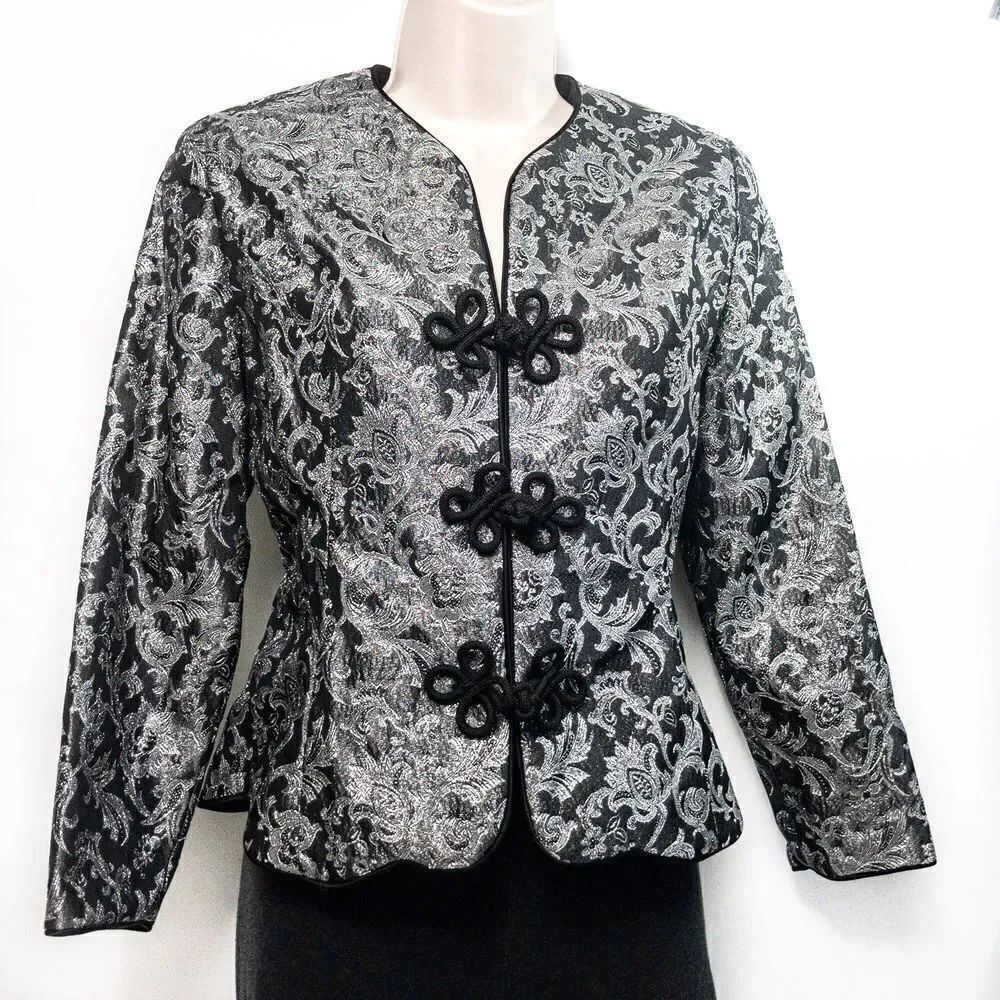 Silver Floral Mandarin Evening Jacket Chinese Frog Knot Front Closure Sz PS